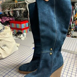 Christian Laboutin navy suede wedge boots